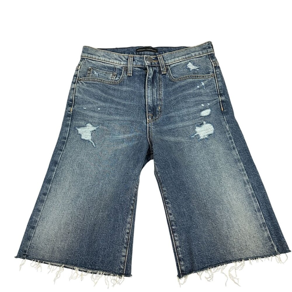 Modern American Womens Distressed Denim Bermuda Shorts Raw Hem Blue Long Cut
